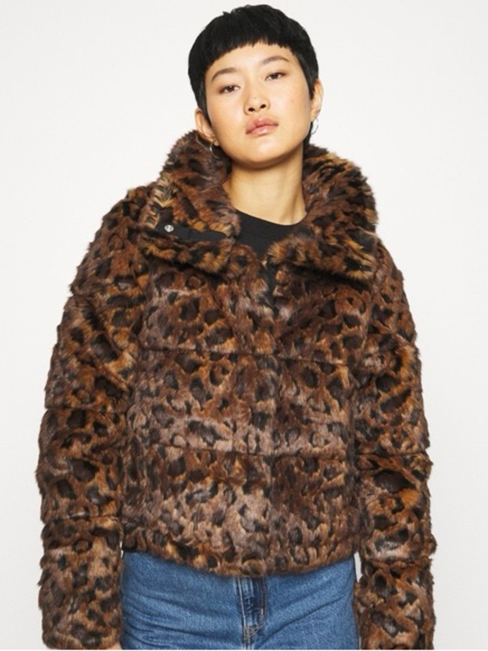 Abercrombie & Fitch Faux Fur Leopard Print Coat - Brown & Black